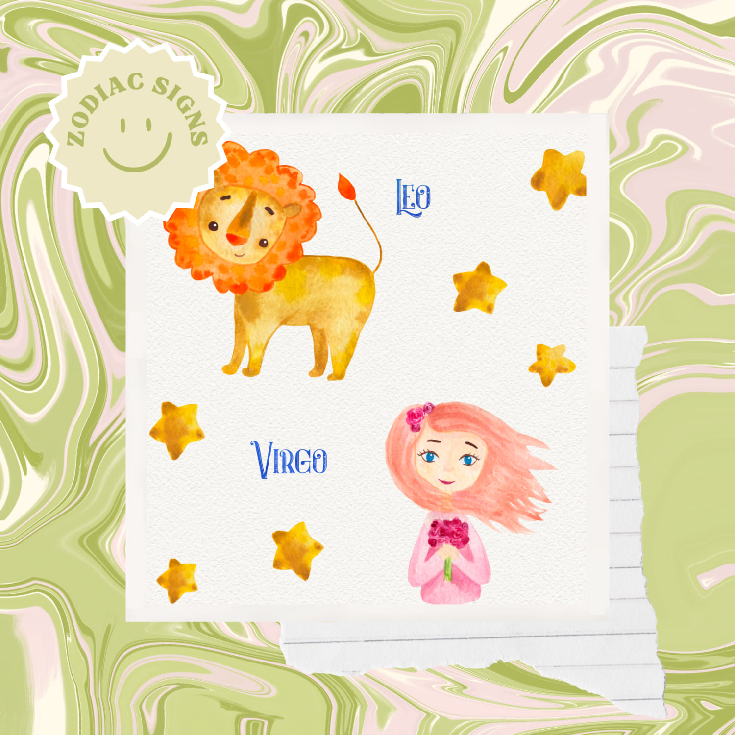 Zodiac signs - leo and virgo - in a watercolor.