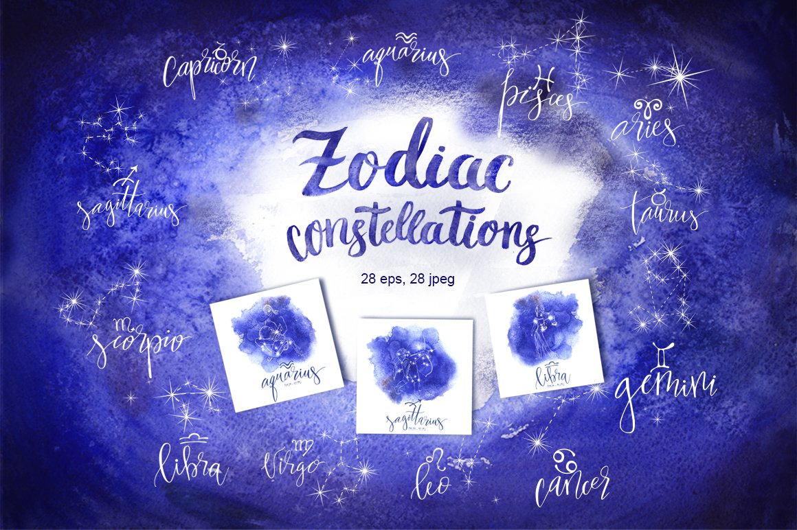 Black lettering "Zodiac Constellations" and 12 different white zodiac constellations on a white-blue background.
