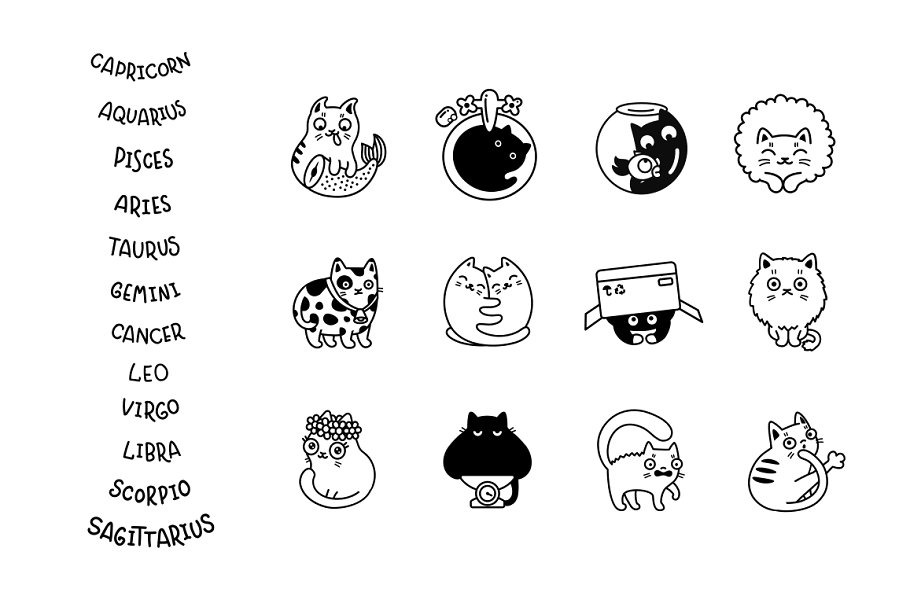 These are line art zodiac cats preview.