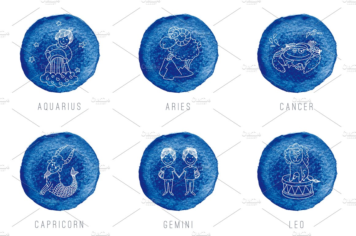 Blue rounds with the part of the zodiac signs.