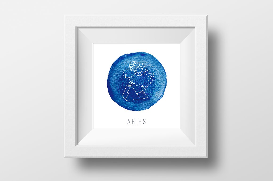 Small white poster with the blue round background for the zodiac sign.