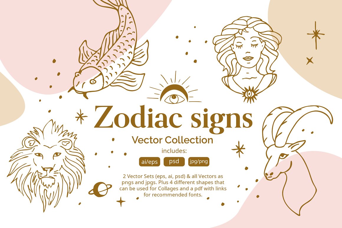 Golden lettering "Zodiac Signs Vector Collection" and 4 different golden illustrations on a pink and white background.