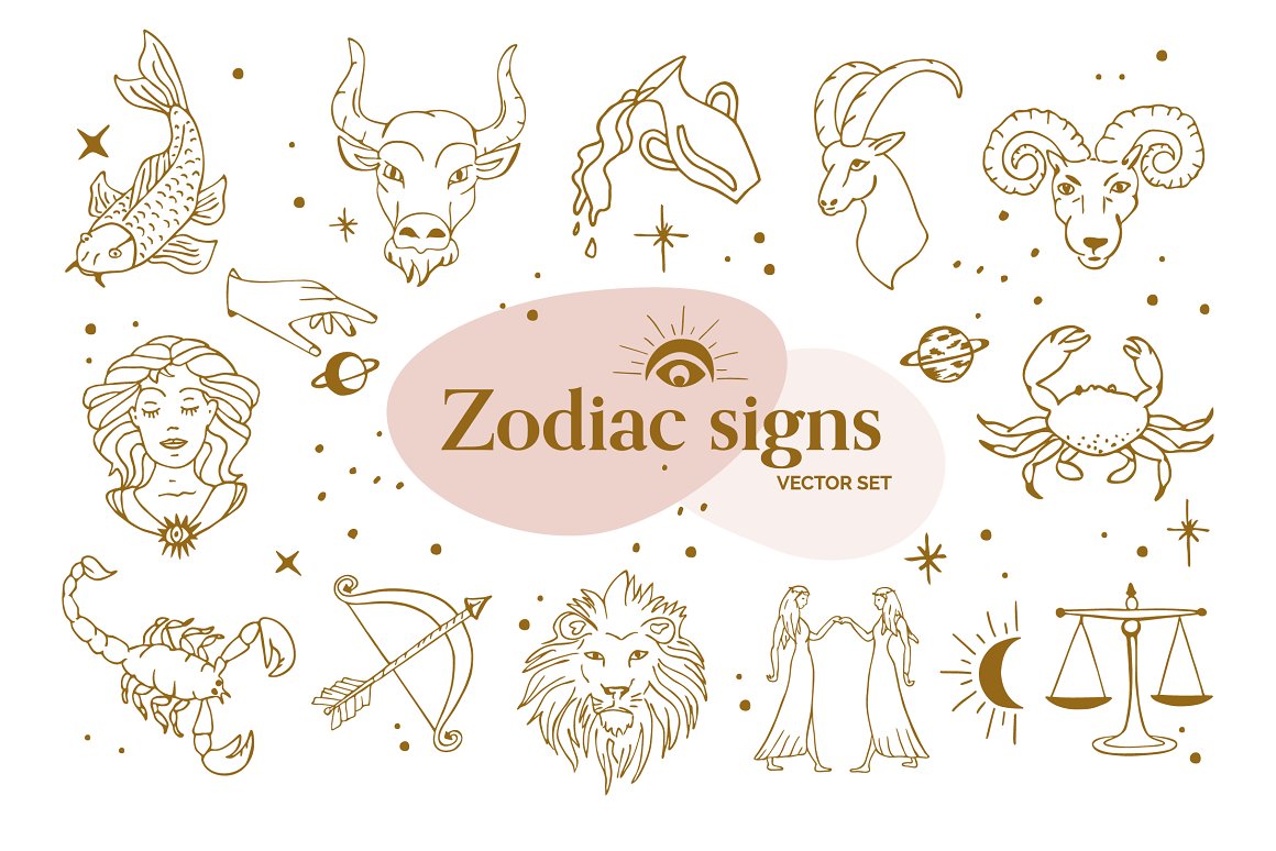 Golden lettering "Zodiac Signs Vector Set" and different golden illustrations on a pink and white background.