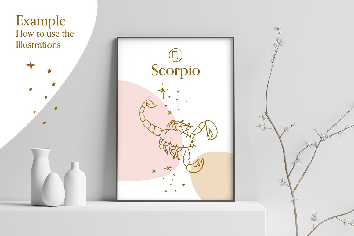 Picture of a zodiac sign - scorpio on a pink and white background in black frame, on a gray background.