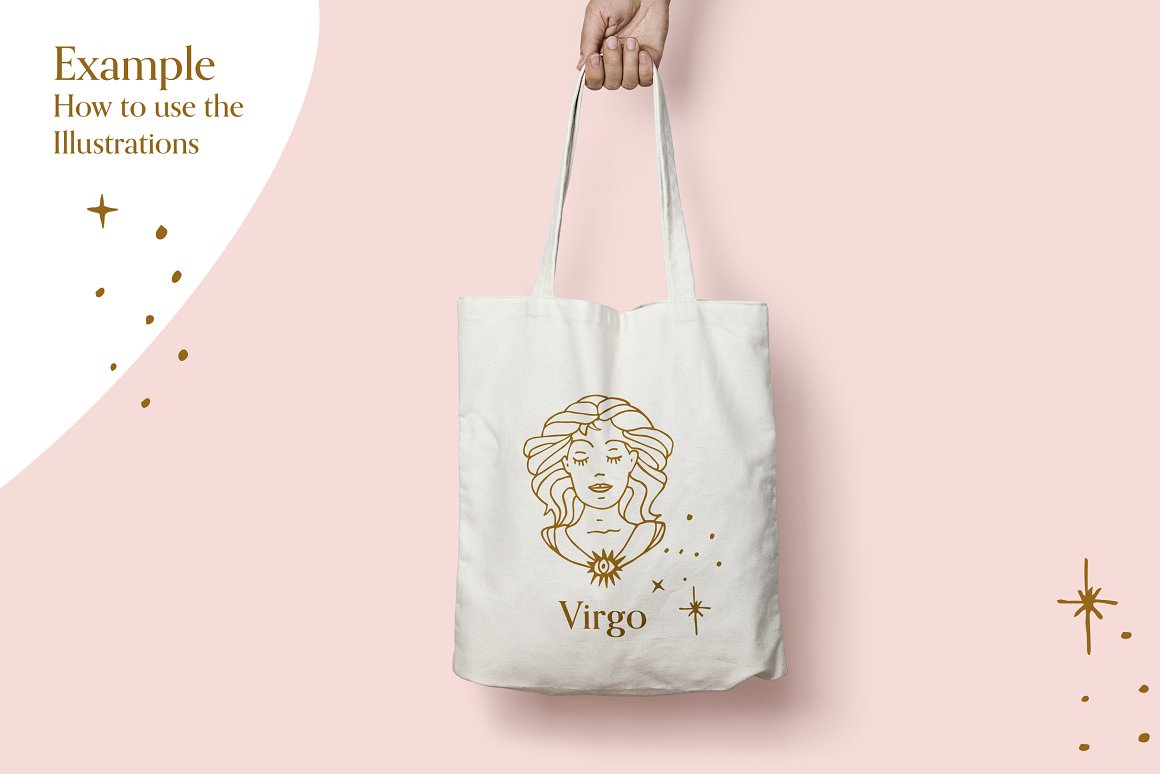 A white shopping bag with a golden zodiac sign - virgo on a pink background.