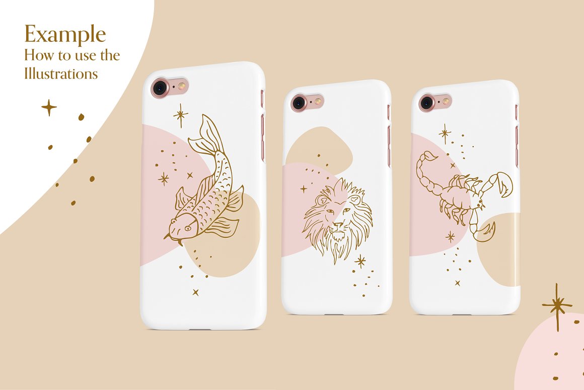 3 white-pink iphone cases with different golden zodiac signs on a pink background.
