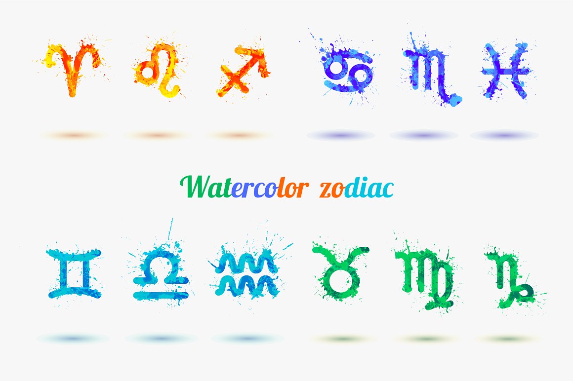 Colorful lettering "Watercolor Zodiac" and 3 orange, 3 blue, 3 light blue and 3 greeen zodiac signs on a gray background.