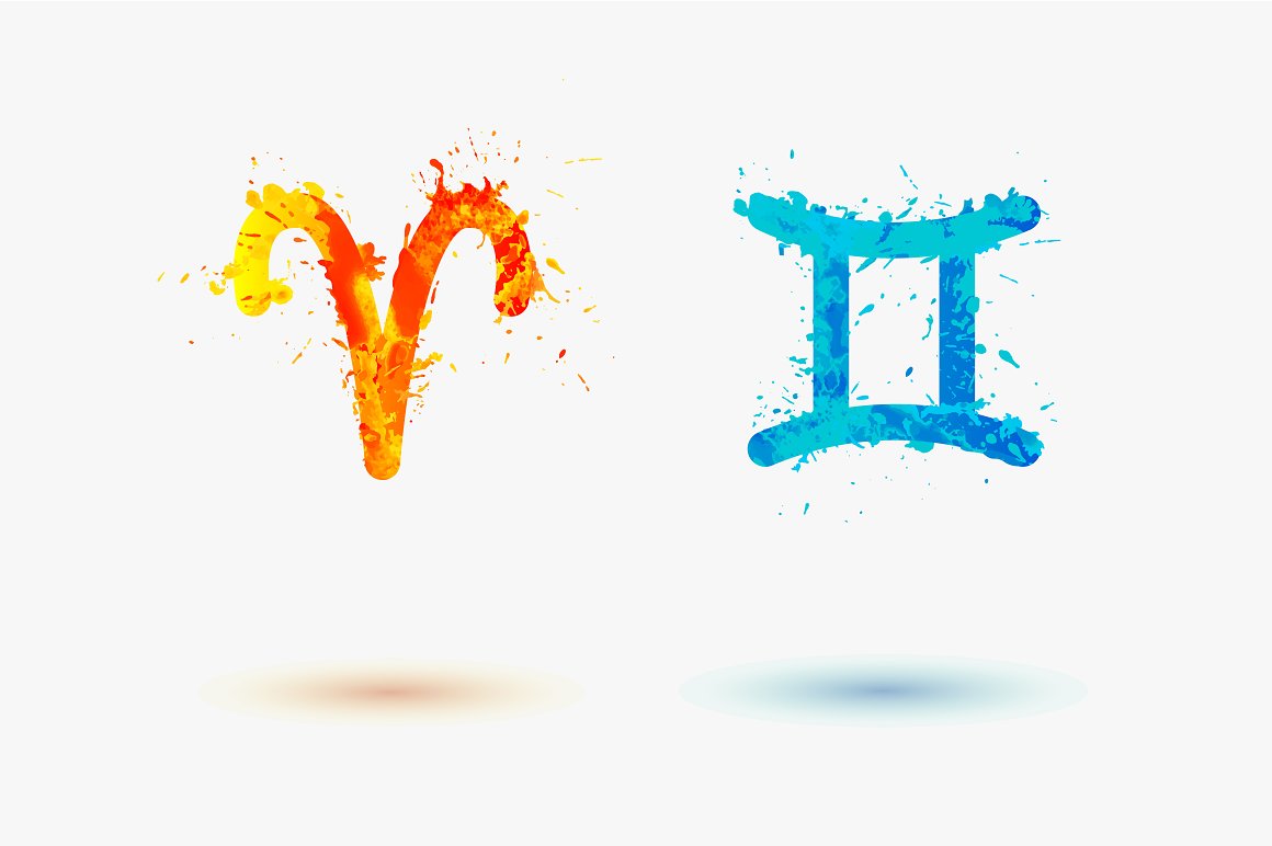 A set of orange and blue watercolor zodiac sign on a gray background.