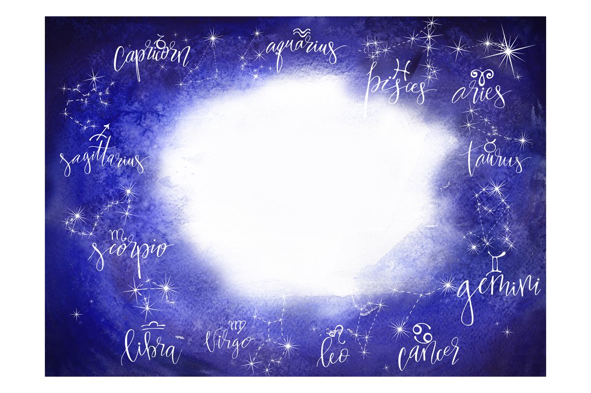 A set of 12 different white zodiac constellations on a white and blue background.