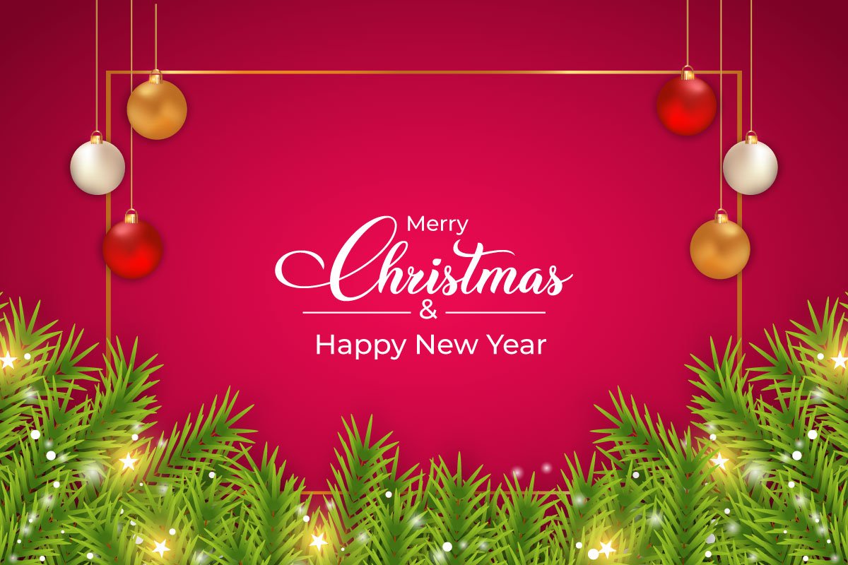 Bright red background with a red shinning garland an delicate Christmas lettering.