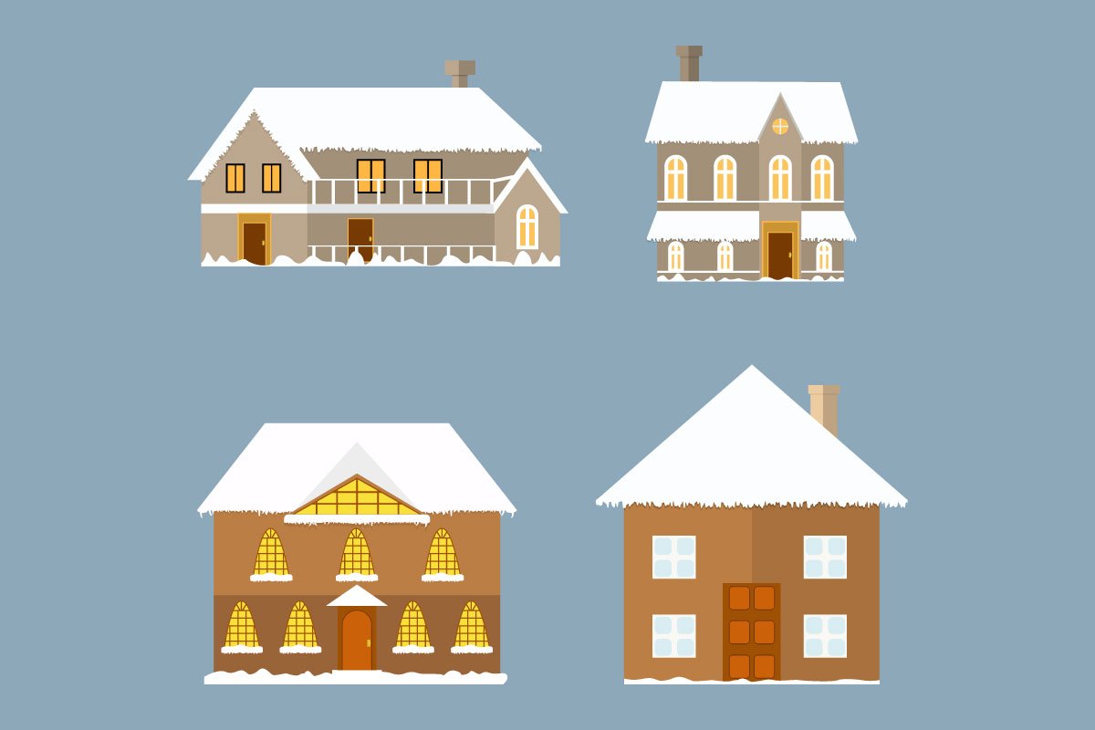 War blue background with four Christmas houses.