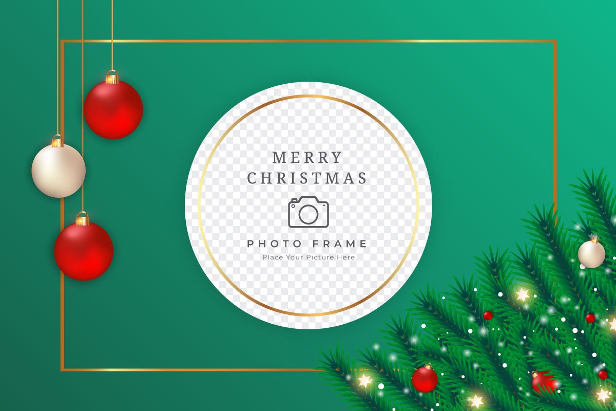 Round for your photo on a green background with the Christmas balls and garland.