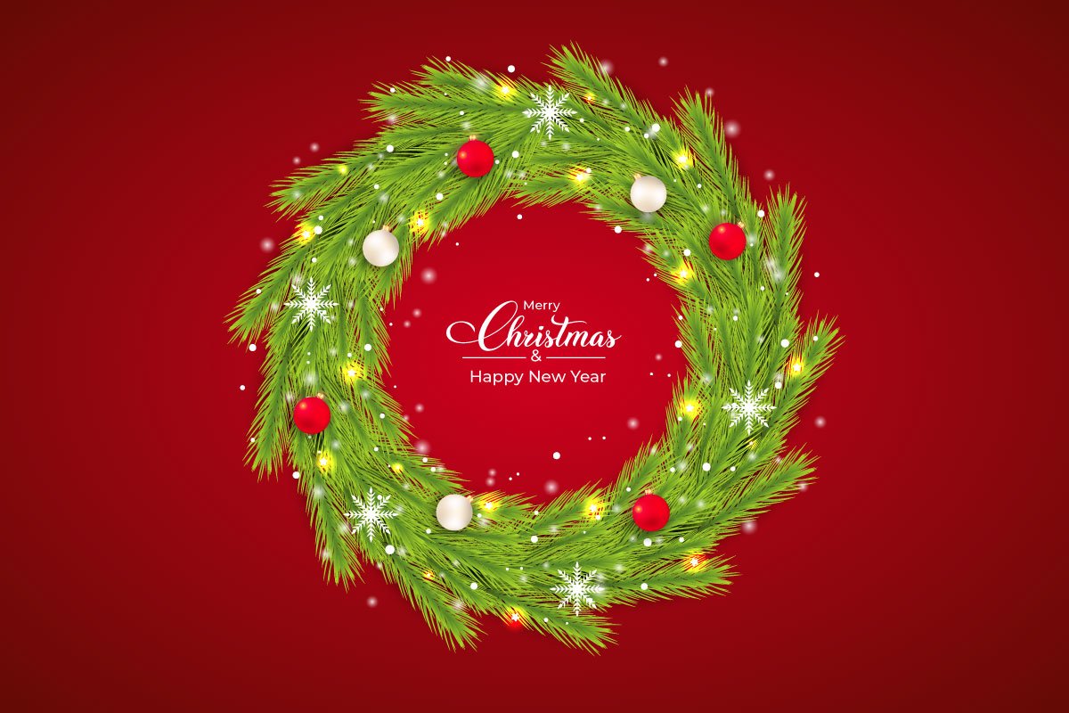 Bright red background with the classic green Christmas wreath.