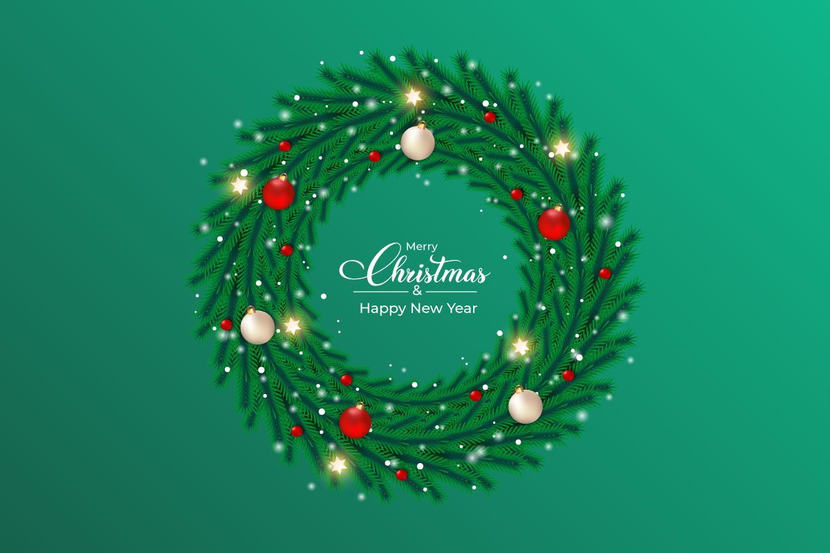 Green background with the festive bright Christmas wreath.