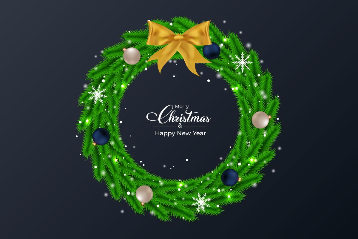 Dark background with the green festive Christmas wreath.