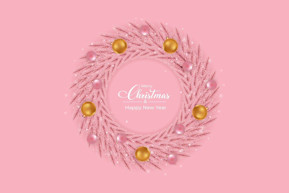 So delicate pink Christmas wreath with the gold balls.