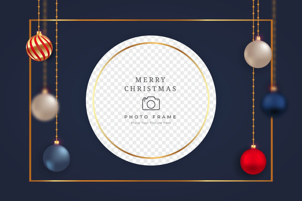 Dark blue background with the festive Christmas balls and space for photo.