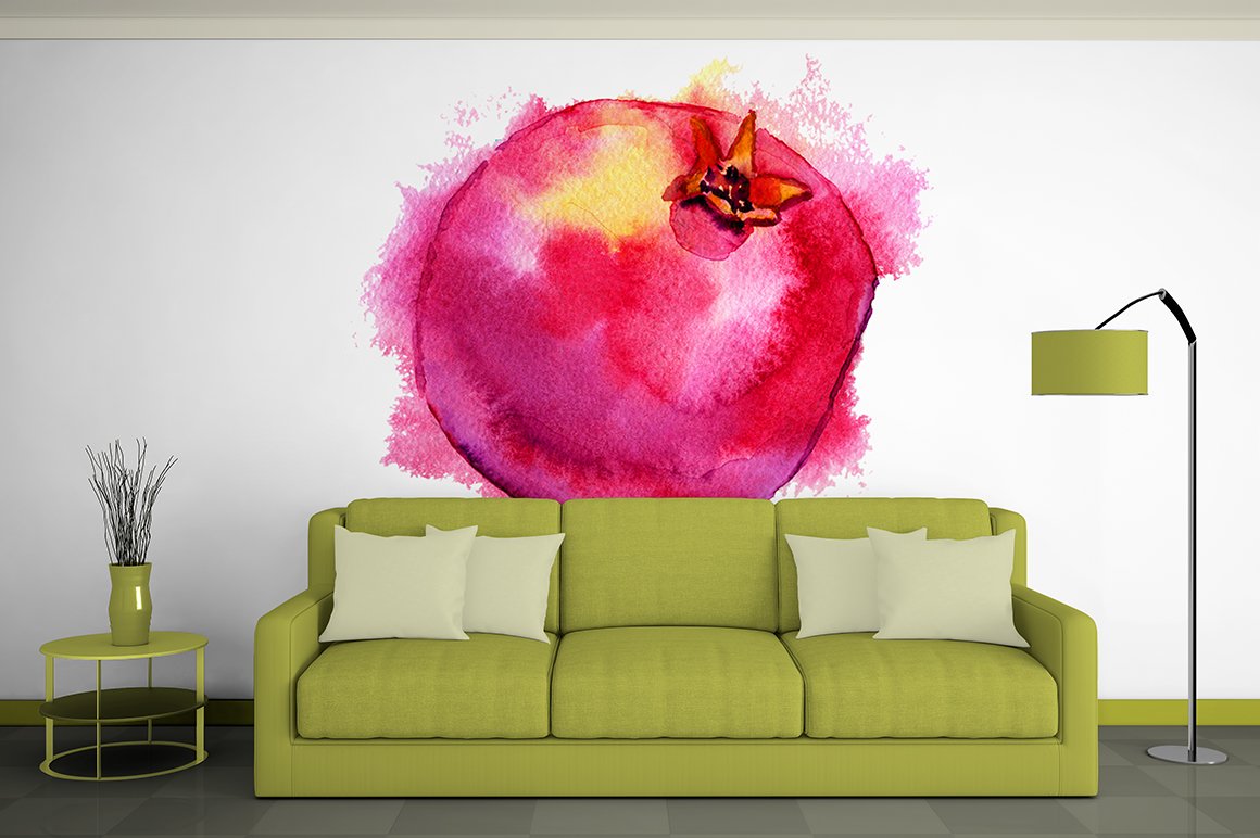 So vivid watercolor Pomegranate on a wall.