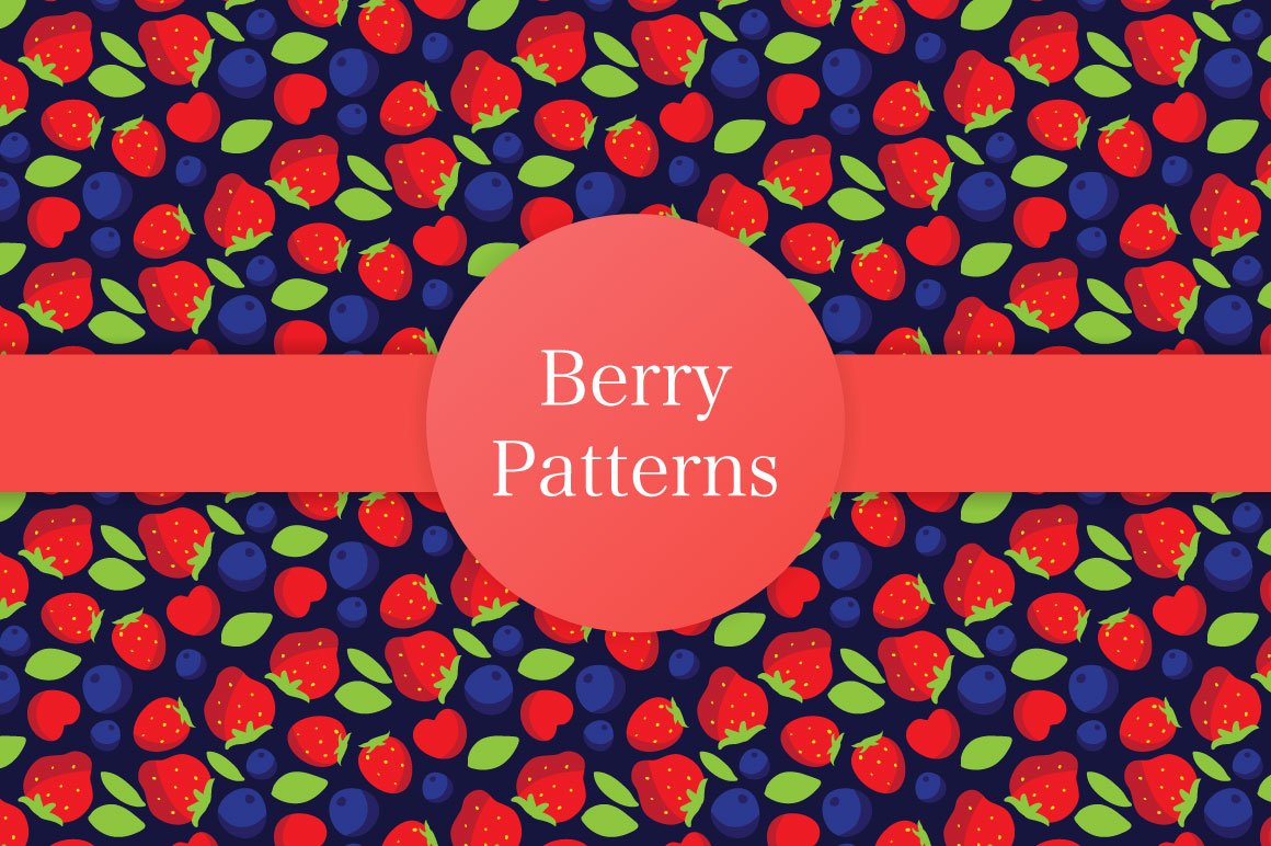 White lettering "Berries Patterns" on a red background and image of different berries.