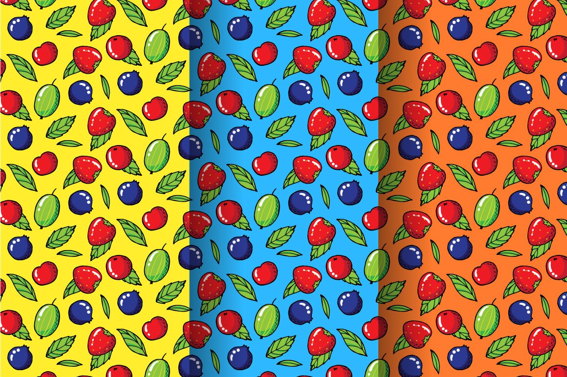 A set of 3 different patterns with berries on a yellow, light blue and orange background.