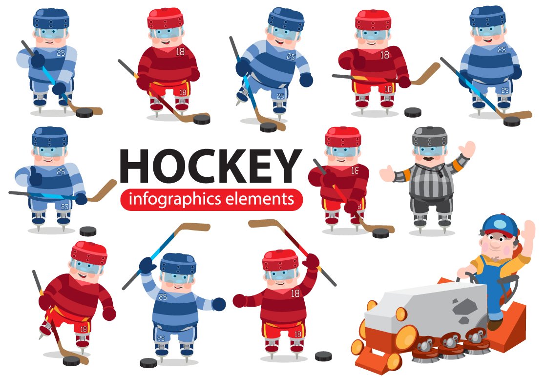 Black lettering "Hockey" and 12 illustrations of hockey players.