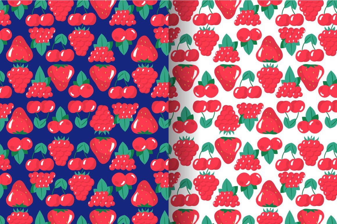 A set of 2 different patterns with berries on a blue and white background.