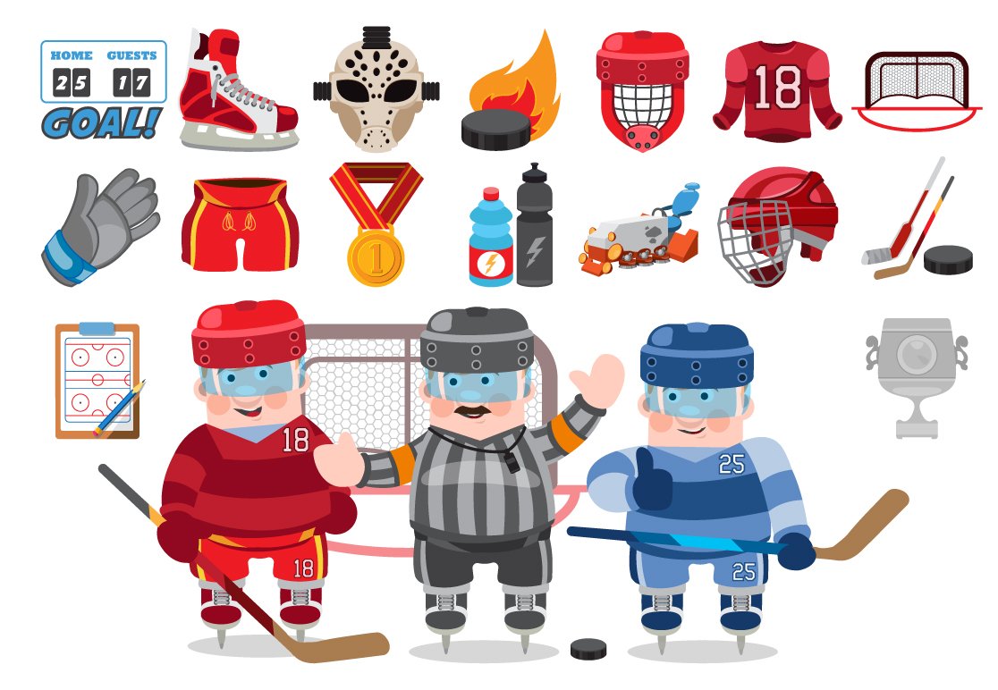 Collection of 3 hockey players and 16 different hockey elements.