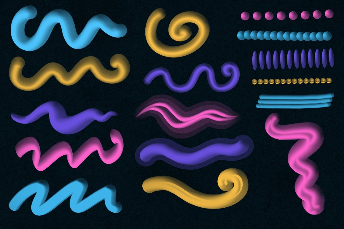 A set of 16 different blue, yellow, pink and purple pop 3D brushes on a black background.