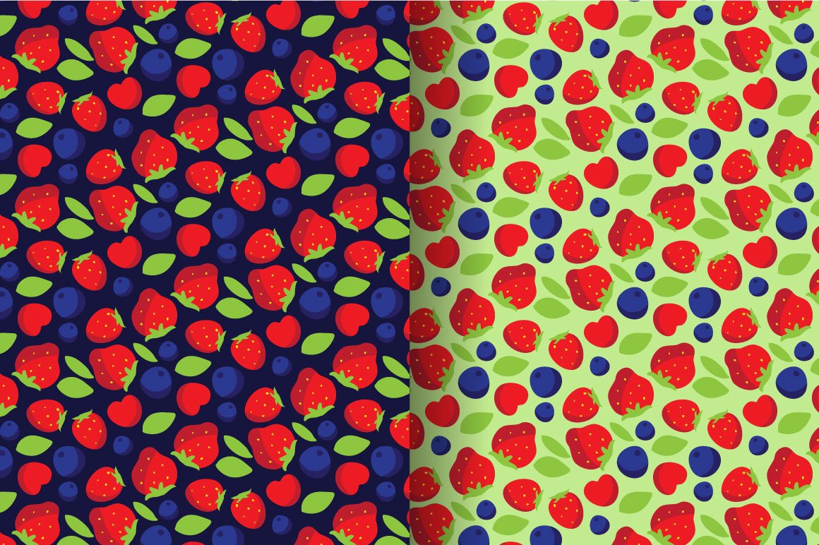 A set of 2 different patterns with berries on a dark blue and green background.
