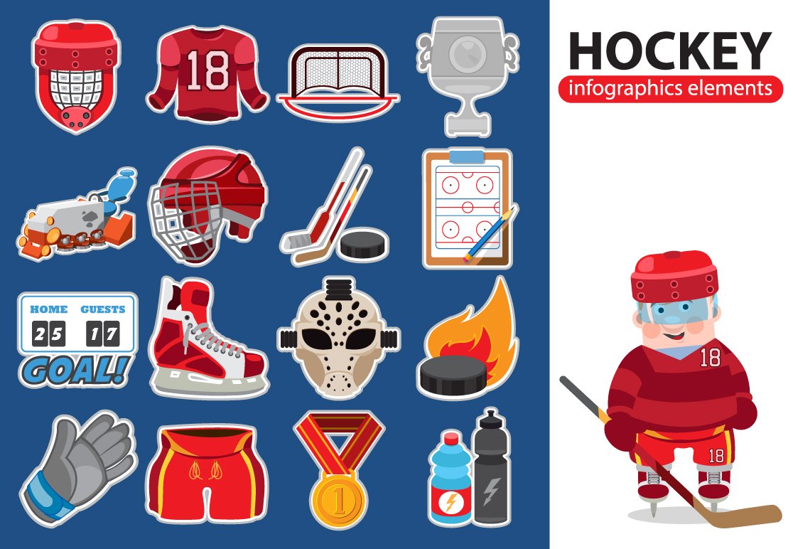 Illustration of hockey player, black lettering "Hockey" and 16 different hockey elements.