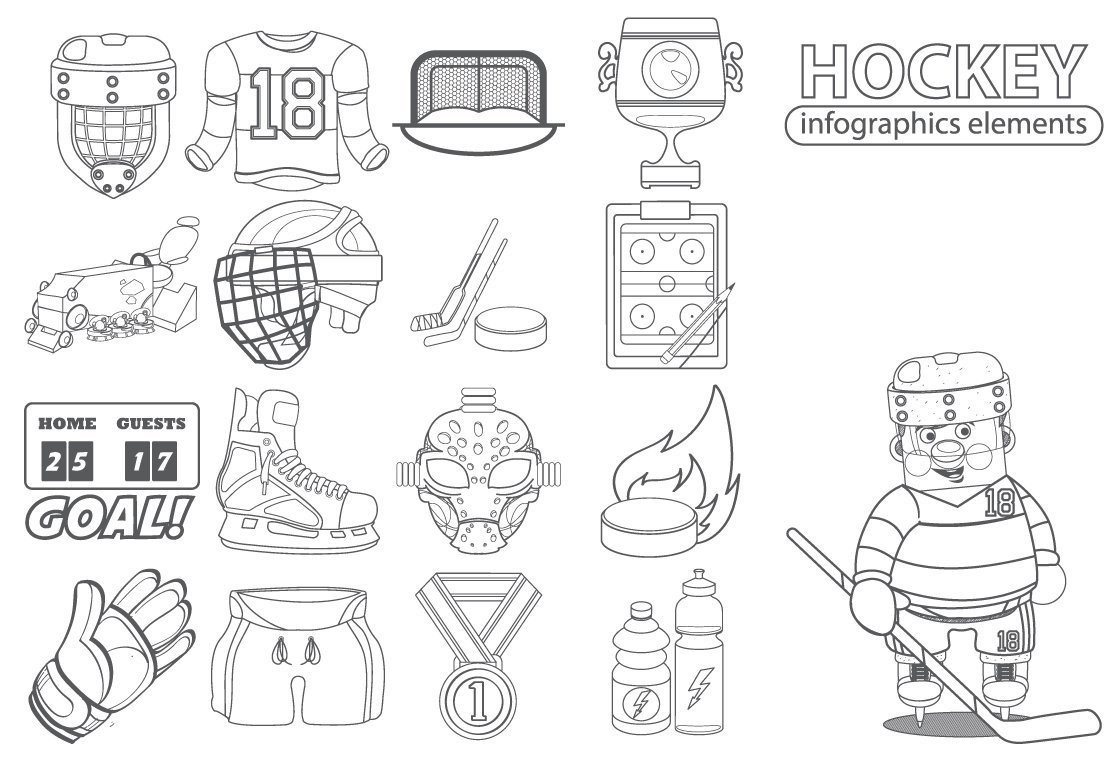 Black line art set of 16 different hockey elements, lettering "Hockey" and hockey player.
