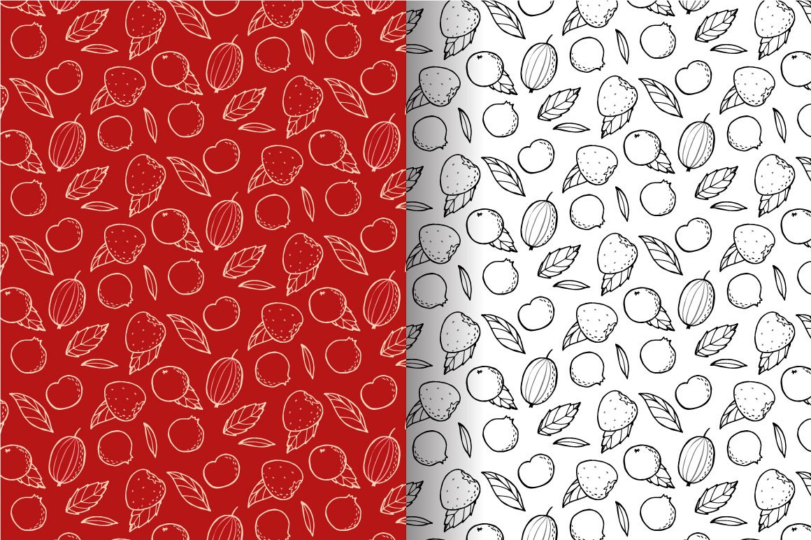 A set of 2 different patterns with berries on a red and white background.