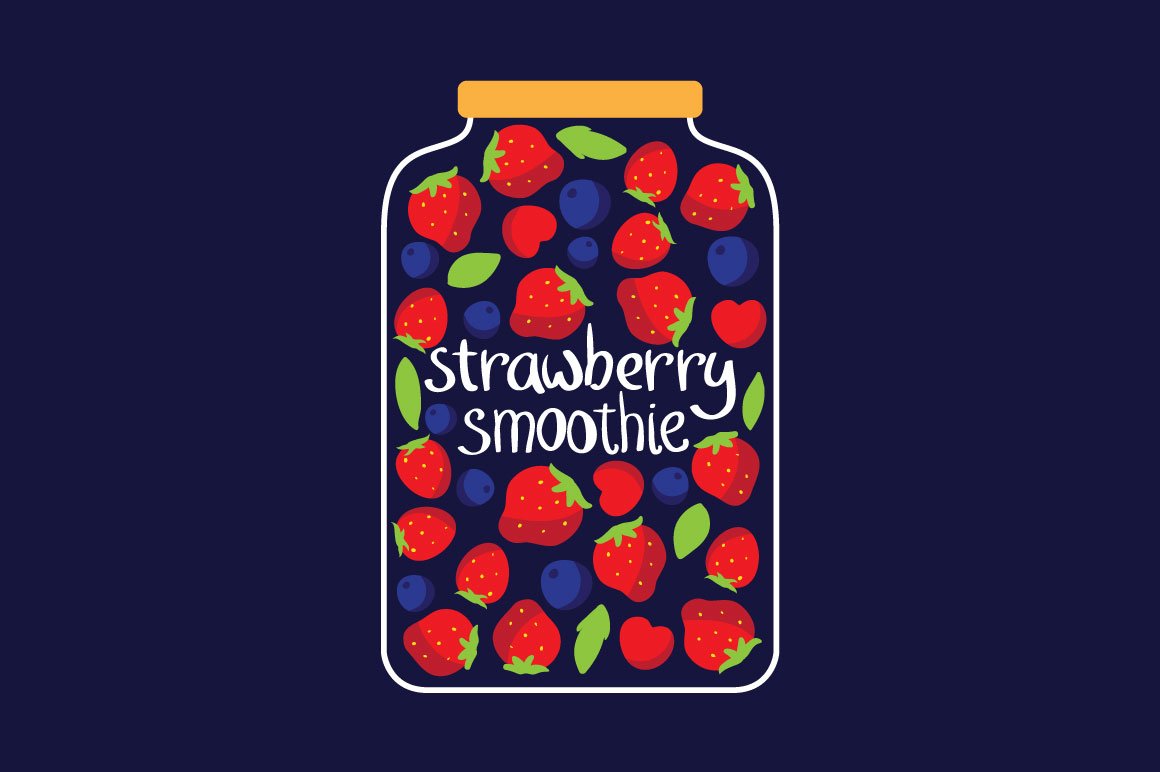 An illustration of a glass jar with different berries and white lettering "strawberry smoothie" on a blue background.