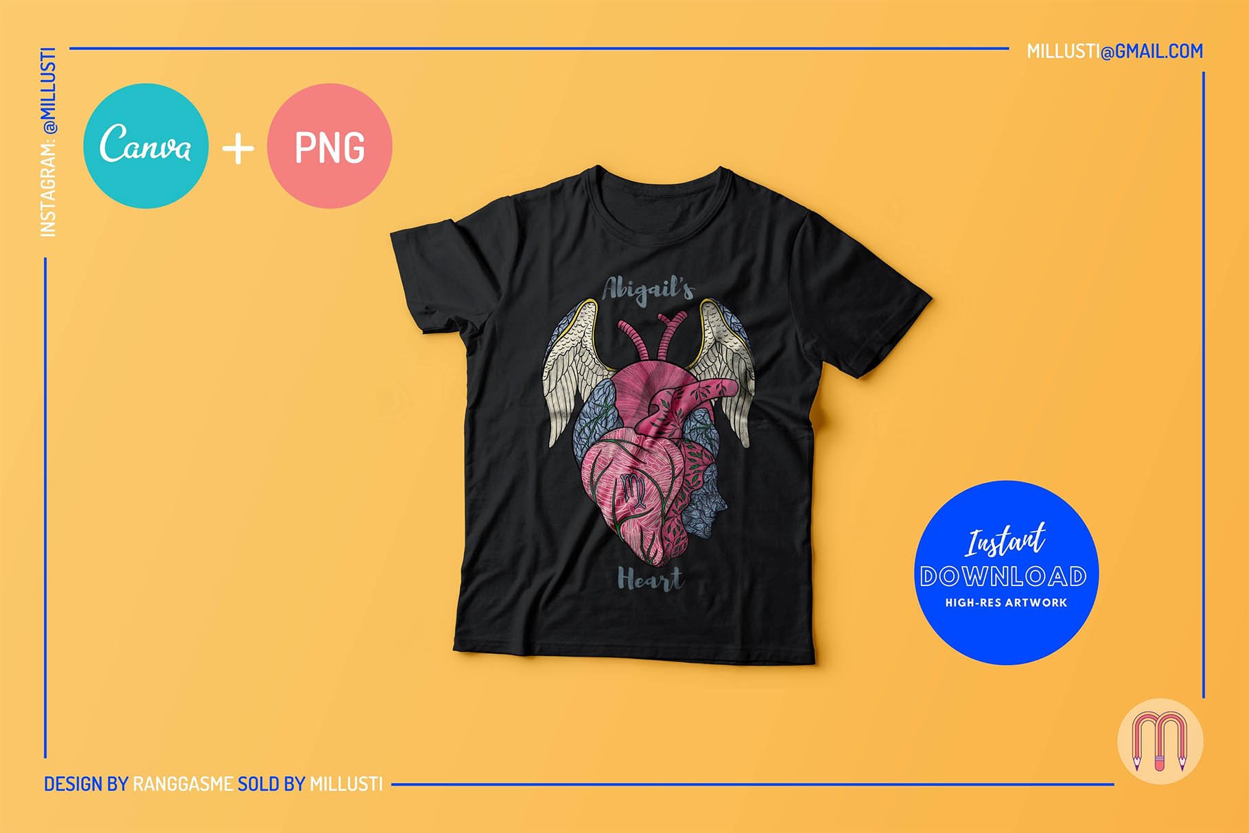 Yellow background with the black t-shirt with the heart illustration.