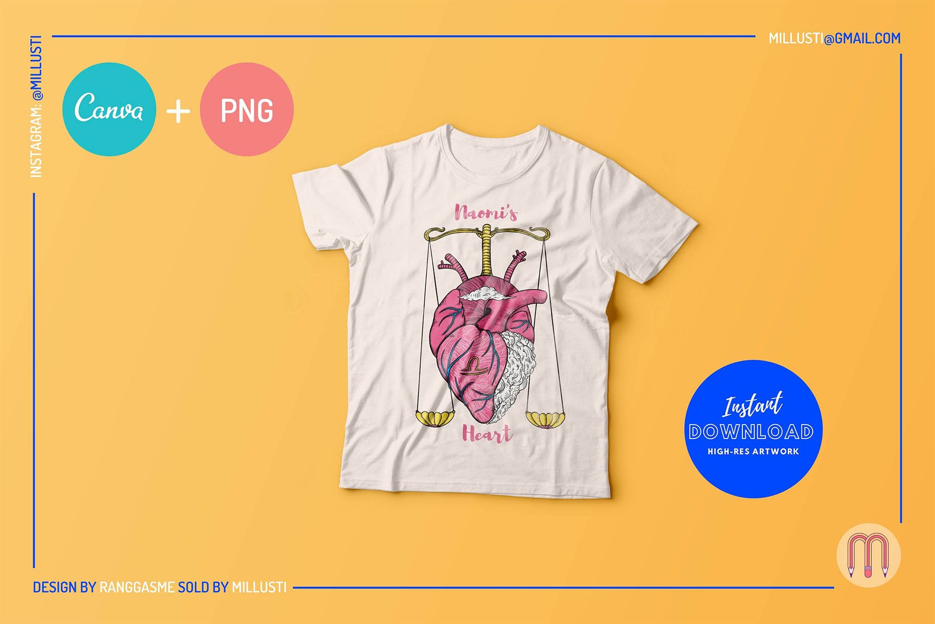 Yellow background with the simple white t-shirt with the anatomy heart.