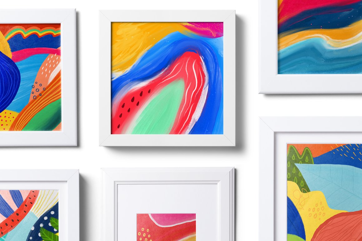 A set of different abstract paintings in white frames.