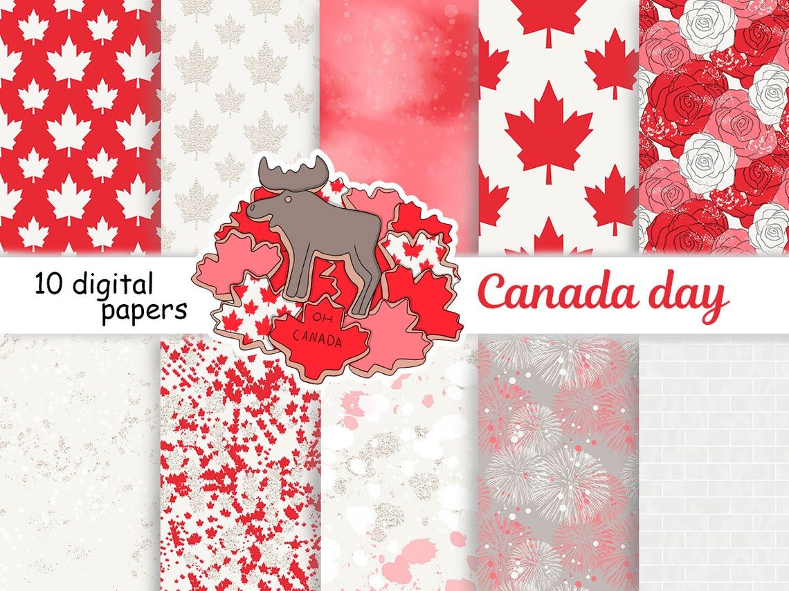 Red lettering "Canada Day" and 10 different patterns.
