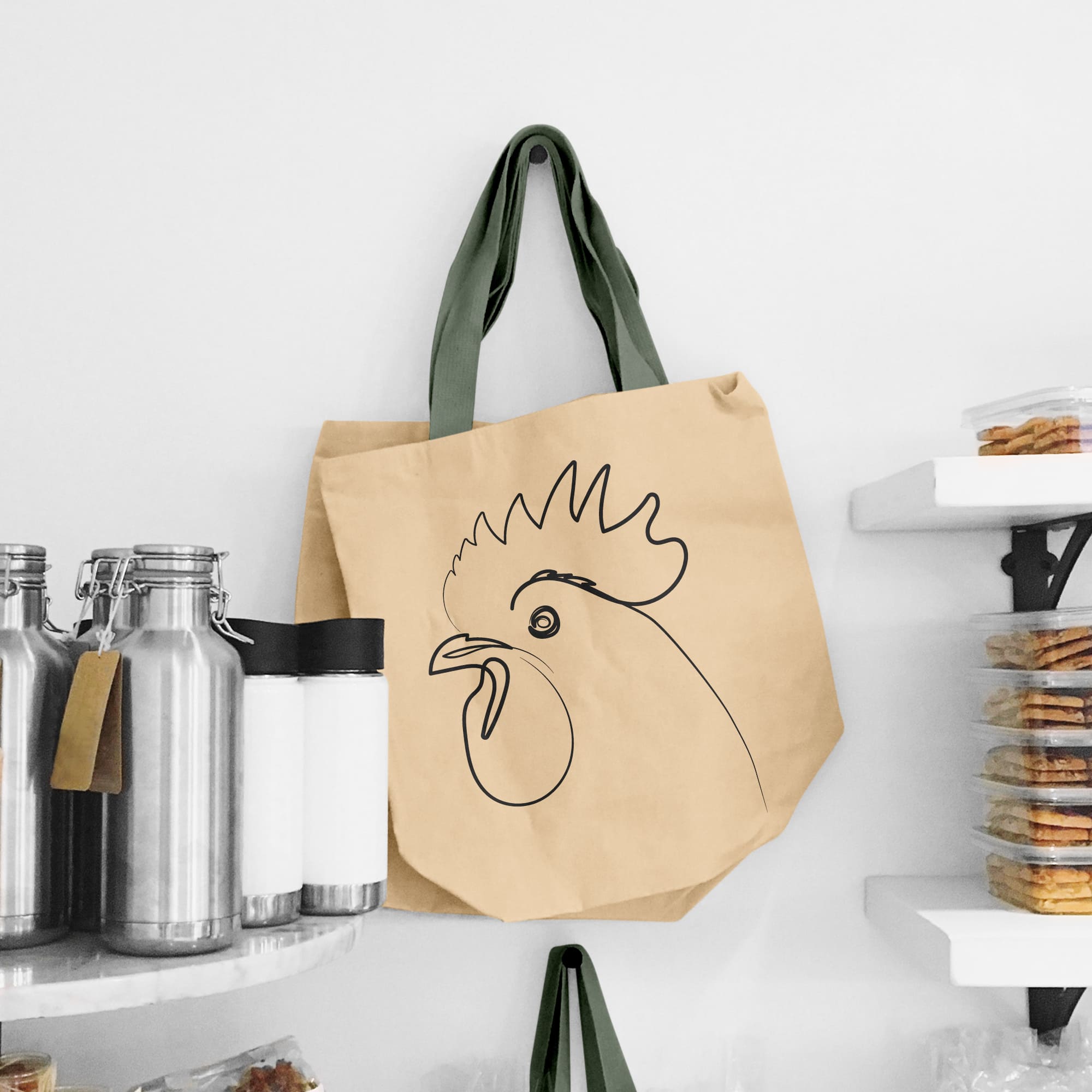 Paper bag with a chicken drawn on it.