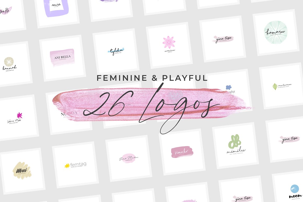 Black lettering "Feminine & Playful 26 Logos" on a pink brush and different logos.