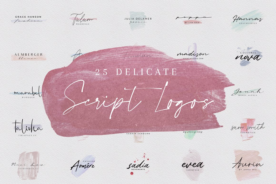 White script lettering "25 Delicate Script Logos" on a pink brush and different watercolor logos.