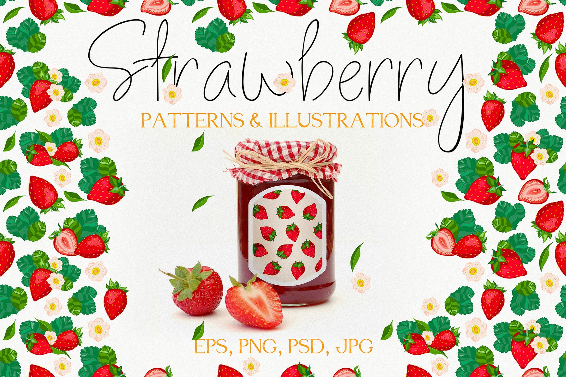 Black lettering "Strawberry" and illustration of a strawberry jam in a glass jar.