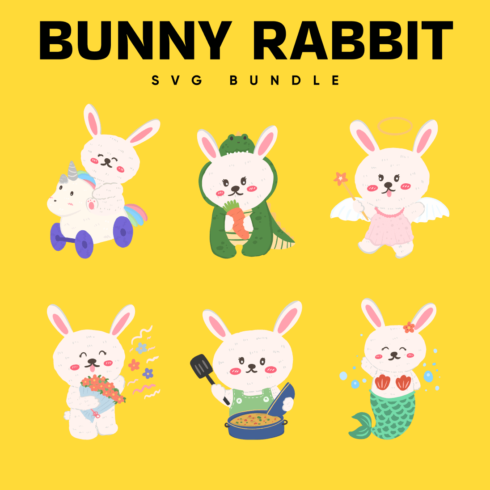 Bunch of bunnies that are on a yellow background.