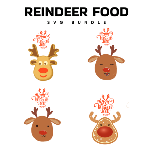 Set of four reindeer faces with different facial expressions.