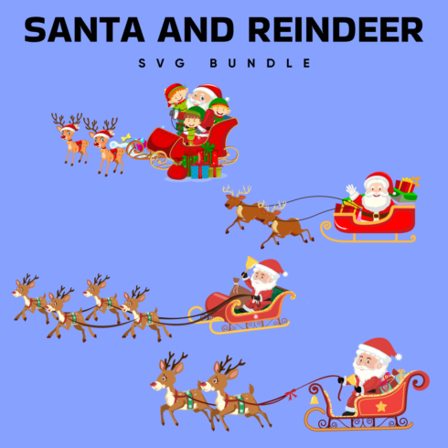 Santa and reindeer sleigh ride through the sky.
