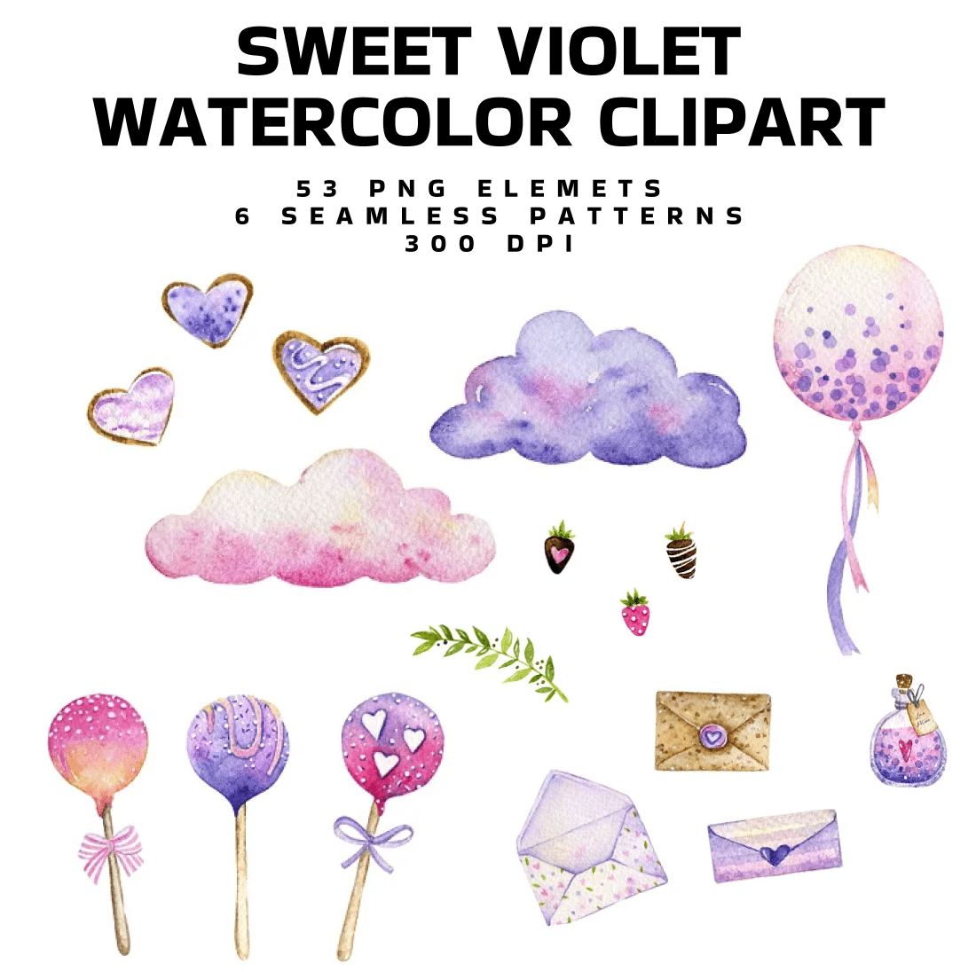 Sweet Violet Watercolor Clipart - main image preview.