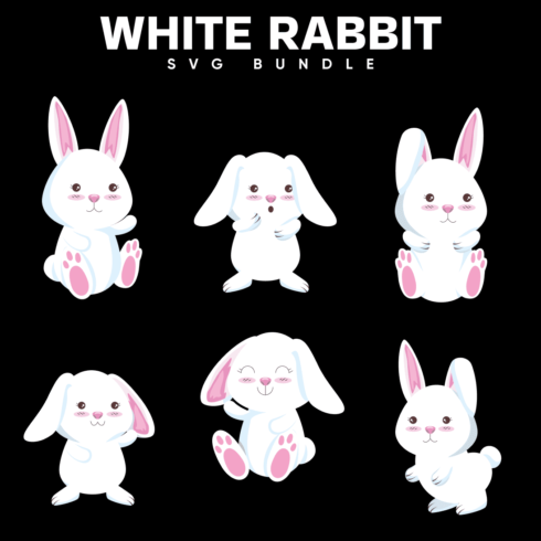 Set of white rabbit stickers on a black background.