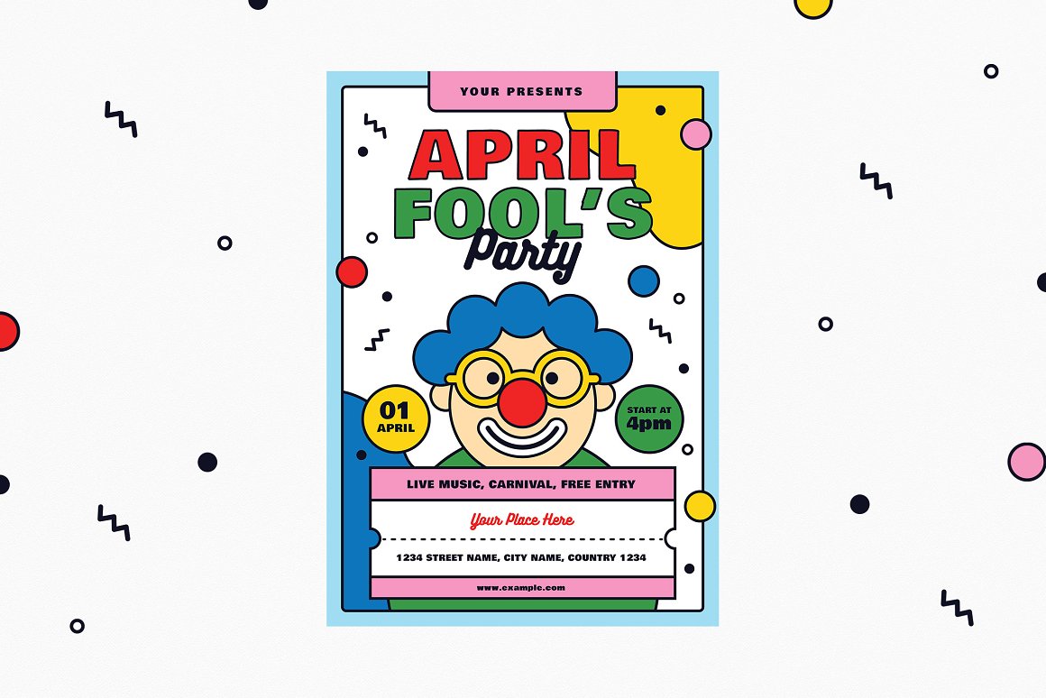 Flyer mockup of April Fools Day party event on a gray background.