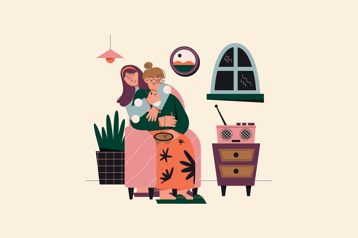 Illustration of mother's day on a light pink background.