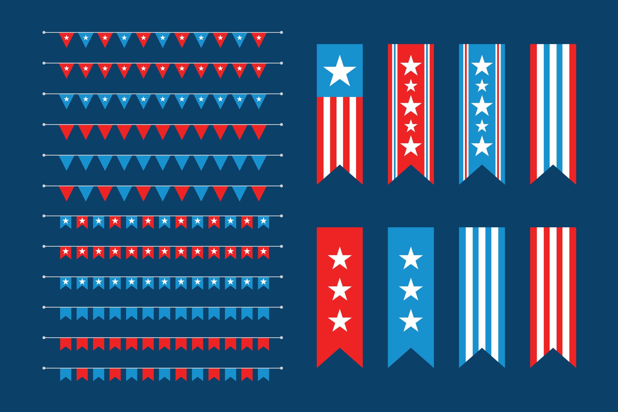 Dark blue background with the different Independence Day attributes.