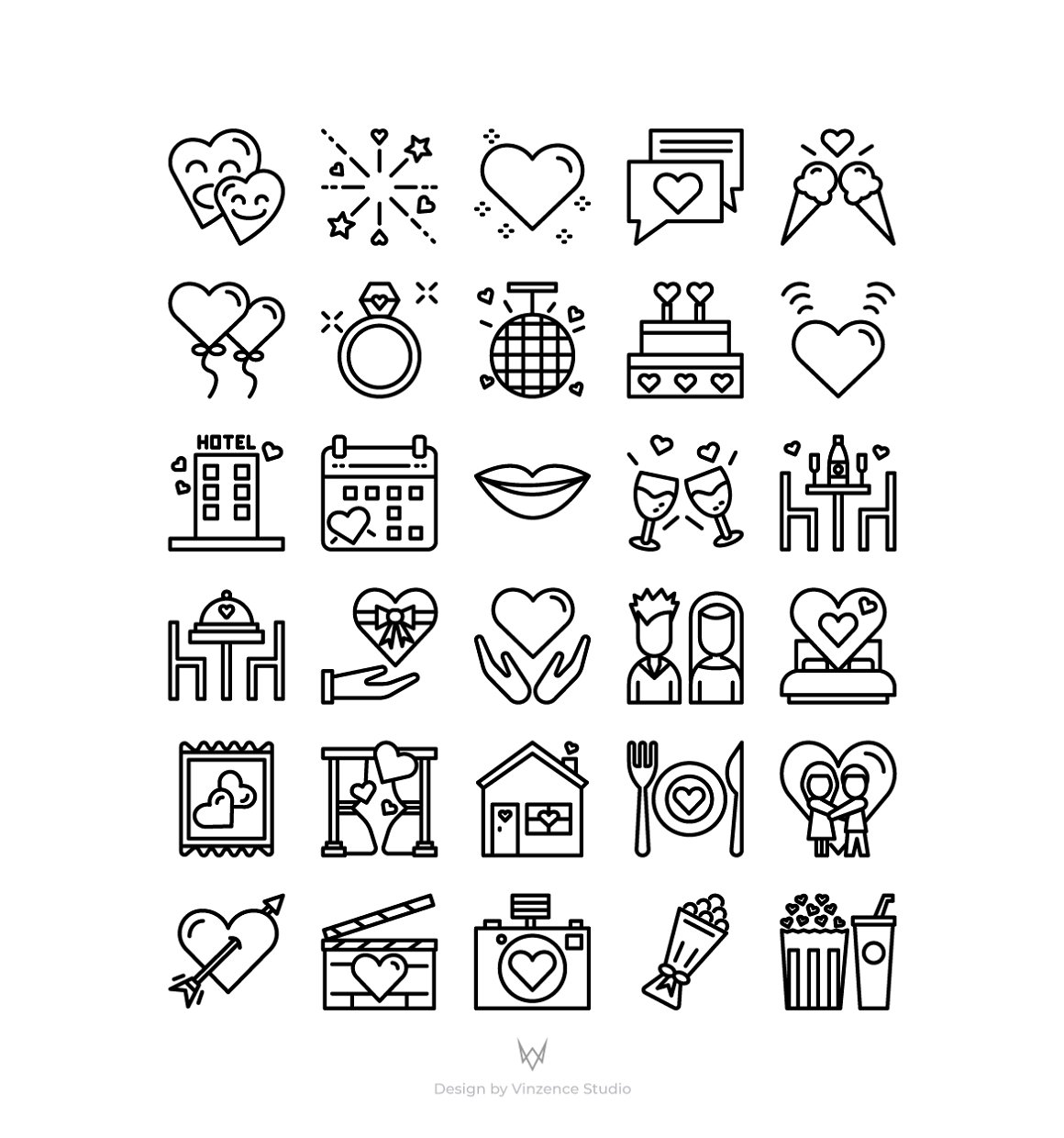 Bundle of 30 different black outline icons on a white background.